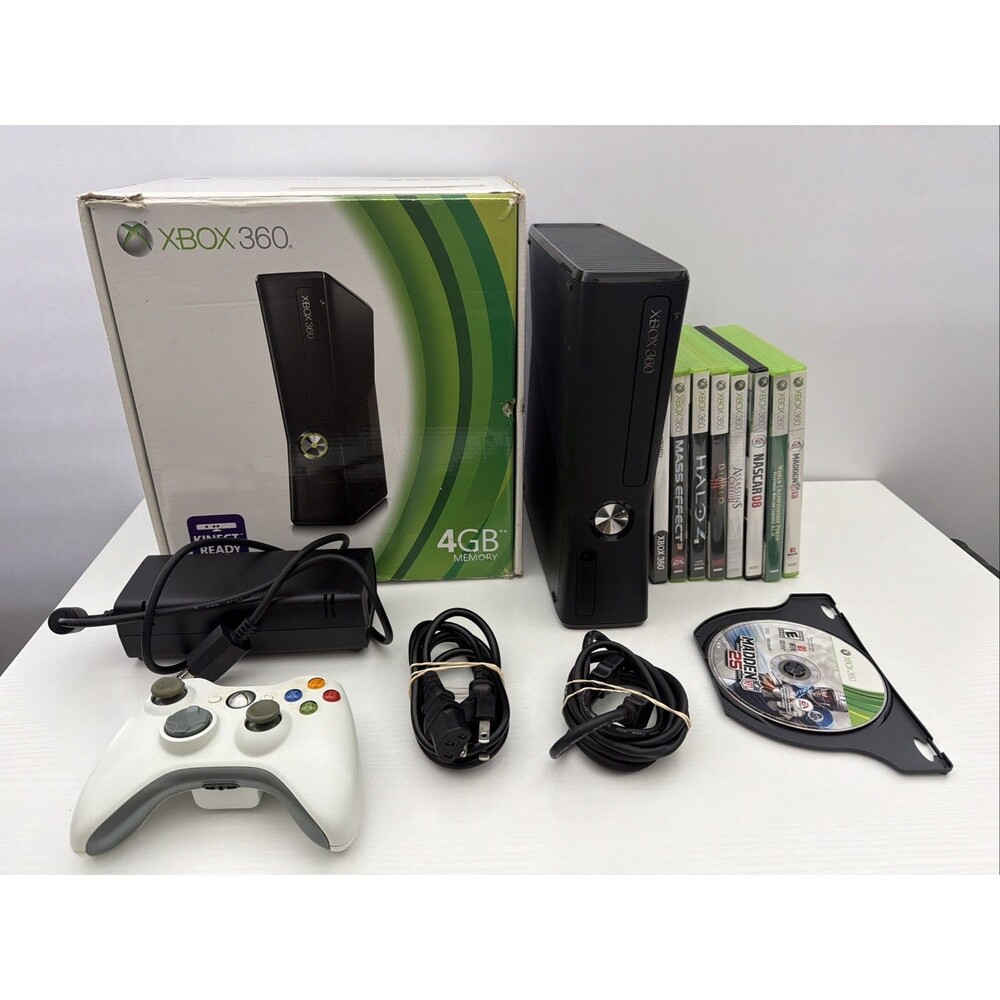 Xbox 360 Slim Console Bundle w/ 9 Games, 1 Controller, Power Cord Tested - No HD